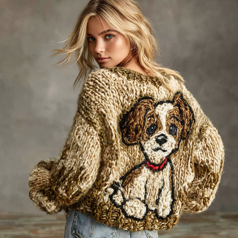 Women's Funny Dog Knitted Jacquard Crew Neck Sweater artswardrobe