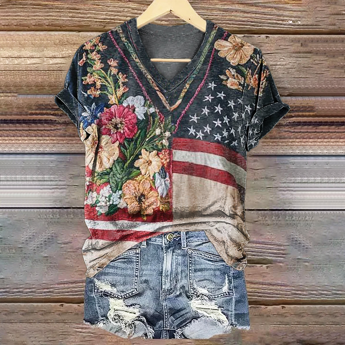 Women's Floral Stars Colorblocking Pattern Art Print V-Neck T-Shirt