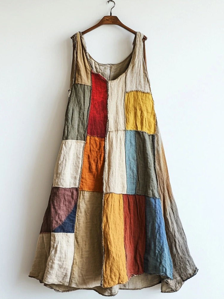 Patchwork Art Linen Blend Vintage Dress artswardrobe