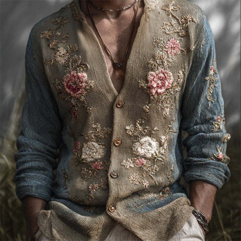 Men's Vintage Floral Embroidered Dyed Comfy Knit Cardigan elevenforest