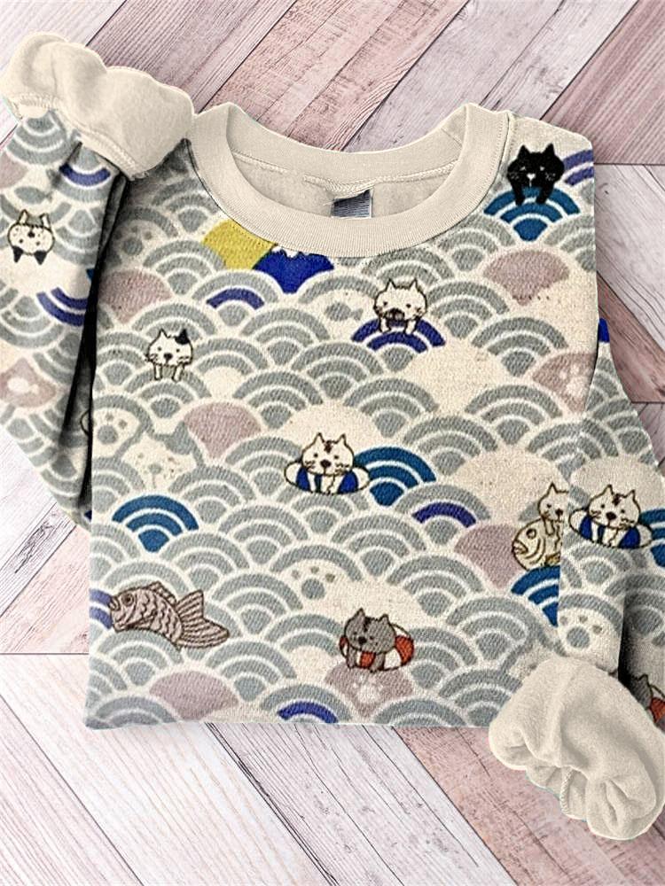 Lucky Cat Traditional Japanese Art Print Cotton Cozy Sweatshirt elevenforest