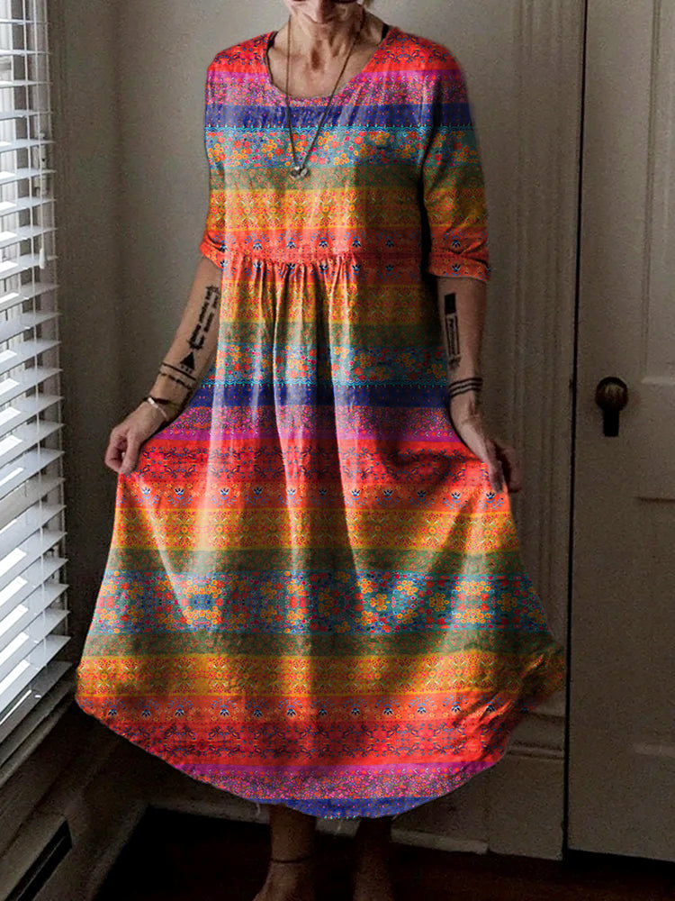 Women's Vintage Floral Art Print Pocket Cotton Dress