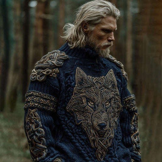 Men's Vintage Viking Wolf Pattern Knit Pullover Sweater artswardrobe