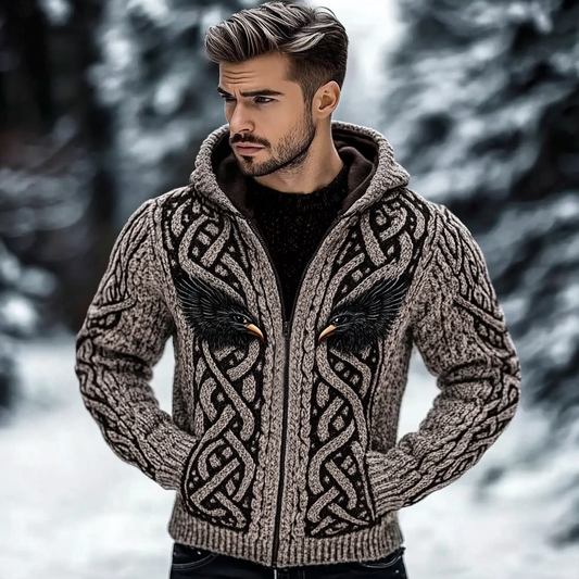 Men's Viking Raven Jacquard Celtic Chunky Knit Zipper Cardigann artswardrobe