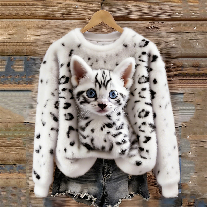 Comstylish Lovely Leopard Cat Leopard Pattern Cozy Plush Sweatshirt