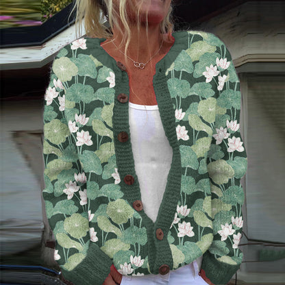 Vintage Water Lily Art Knitted Jacquard Sweater elevenforest