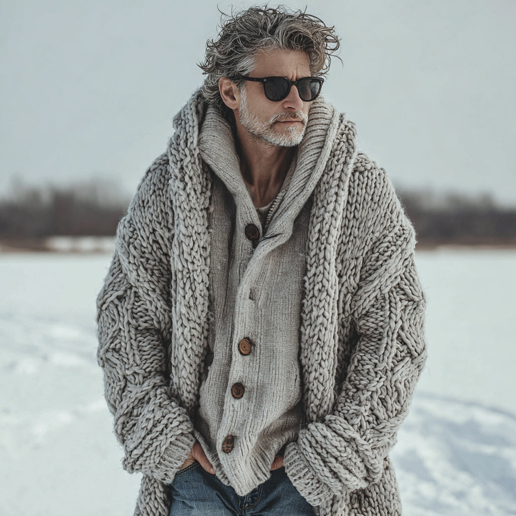 Men's Casual Fairman Island Chunky Knit Hooded Sweater Long Cardigan artswardrobe