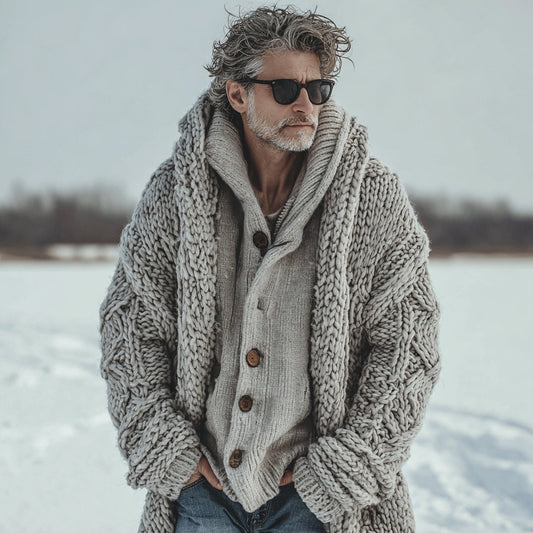 Men's Casual Fairman Island Chunky Knit Hooded Sweater Long Cardigan artswardrobe