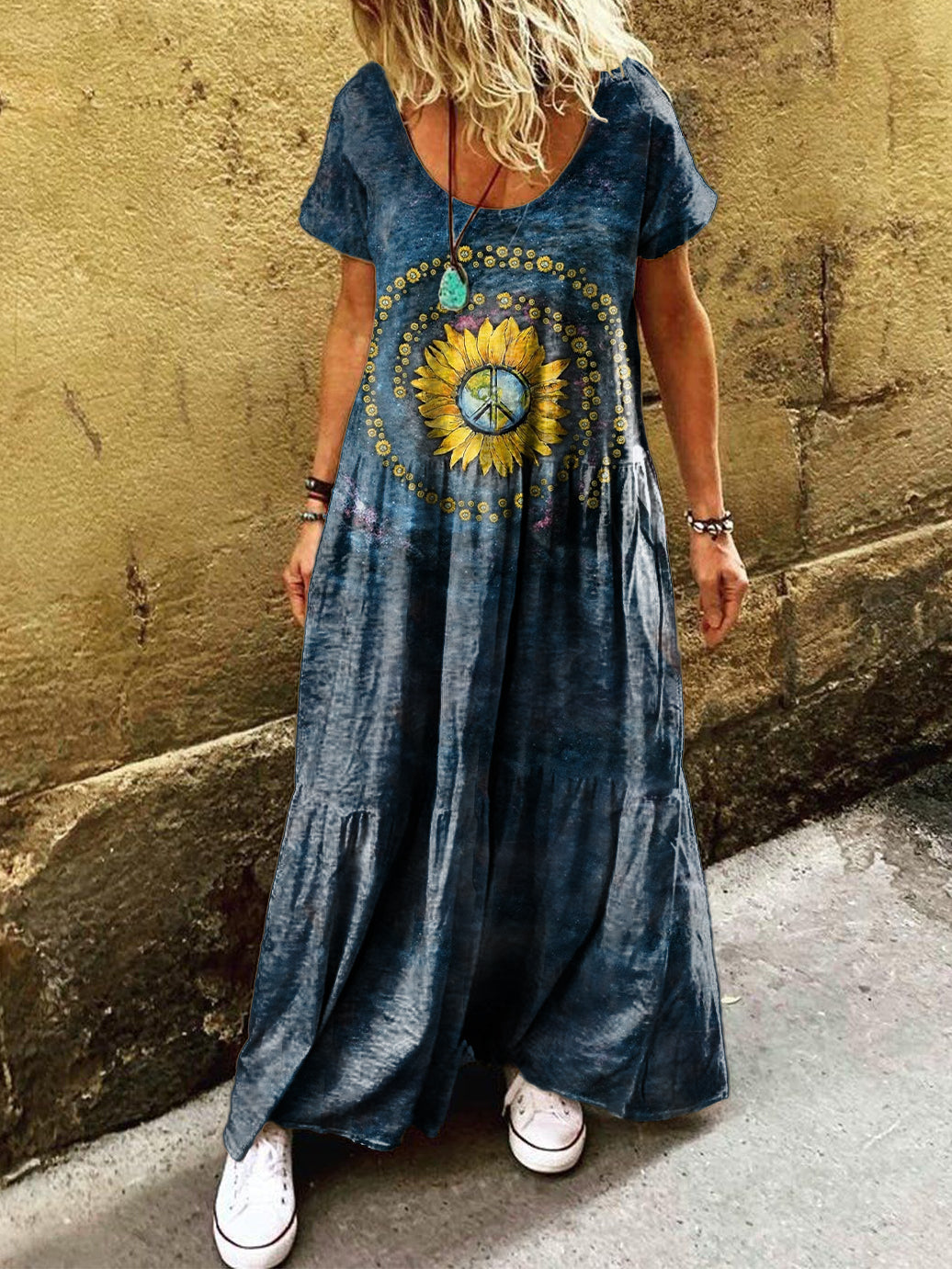 Women's Hippie Tie Dye Art Print Pocket Short Sleeve Cotton Dress
