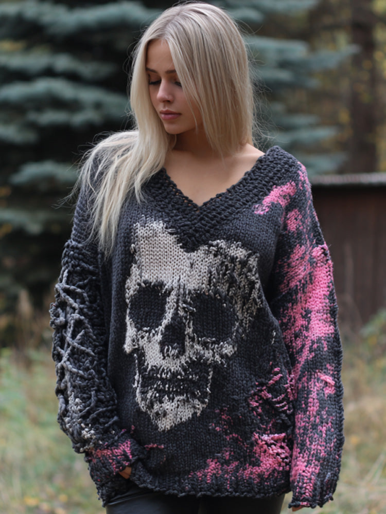 Women's Vintage Halloween Skull Knit Sweater artswardrobe