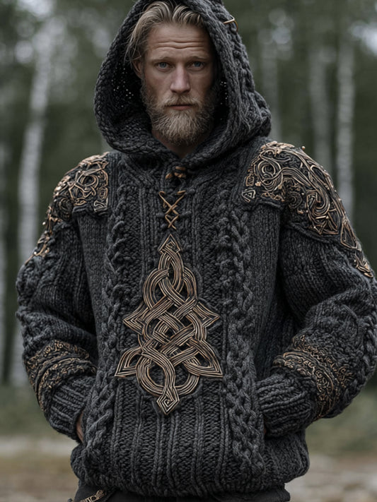 Men's Vintage Viking Celtic Knot Thick Needle Warm Long-sleeved Hooded Sweater elevenforest