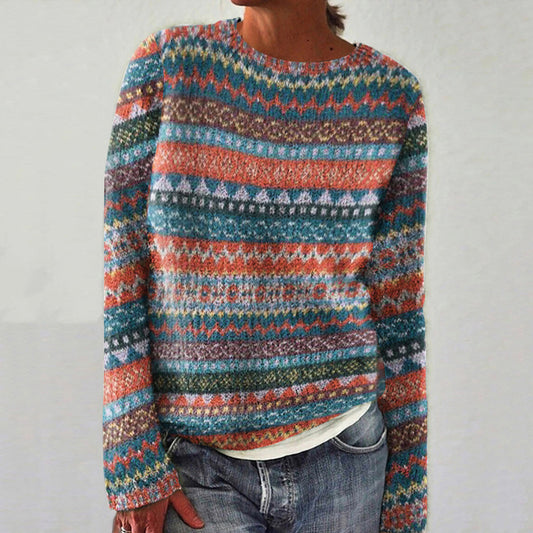 Vintage Geometric Contrast Print Crew Neck Sweater elevenforest