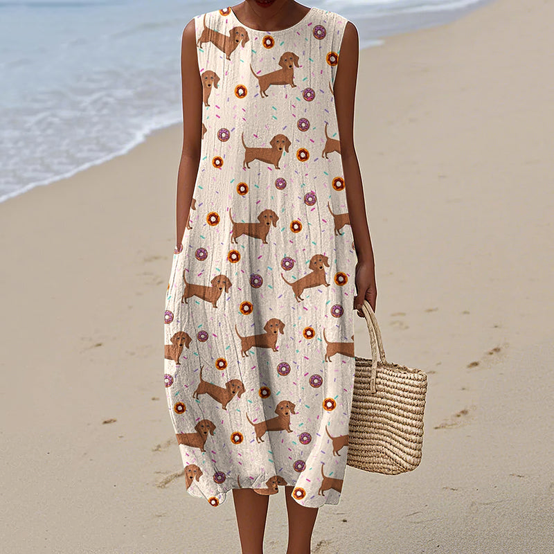Comstylish Women's Cute Dachshund Print Crew Neck Tank Midi Dress