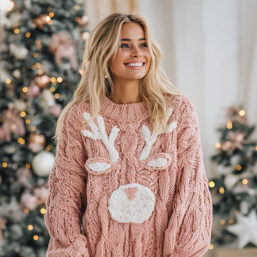 Christmas Cute Moose Face Women's Oversized Knit Sweater artswardrobe
