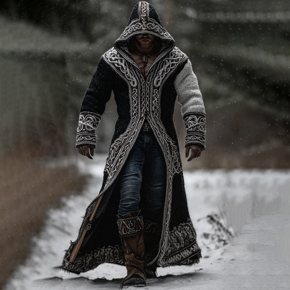 Men's Viking Style Celtic Knot Black And White Hooded Cardigan Long Sweater