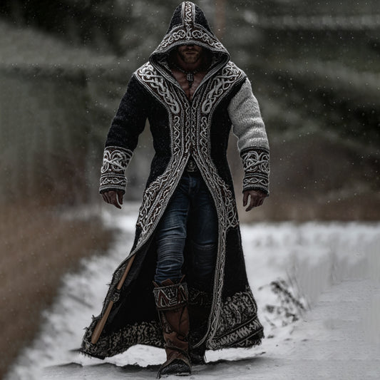 Men's Viking Style Celtic Knot Black And White Hooded Cardigan Long Sweater