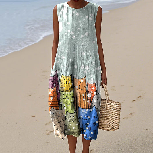 Women's Vintage Cute Cats Art Print Sleeveless Dress artswardrobe