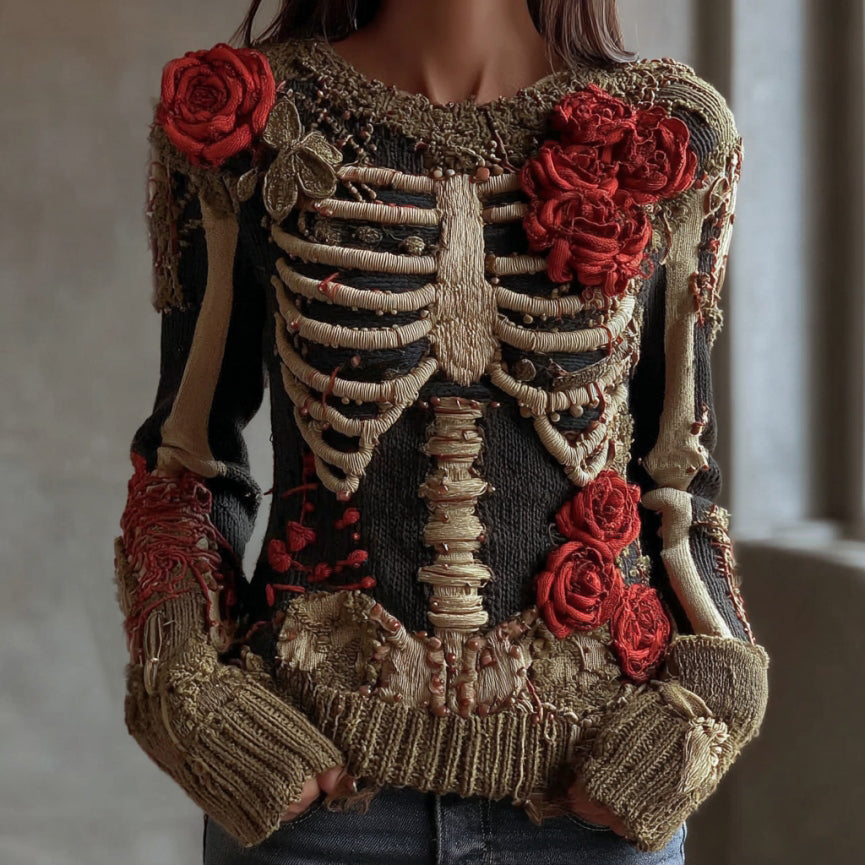 Women's Vintage Skeleton Red Rose Art Knit Pullover Sweater artswardrobe
