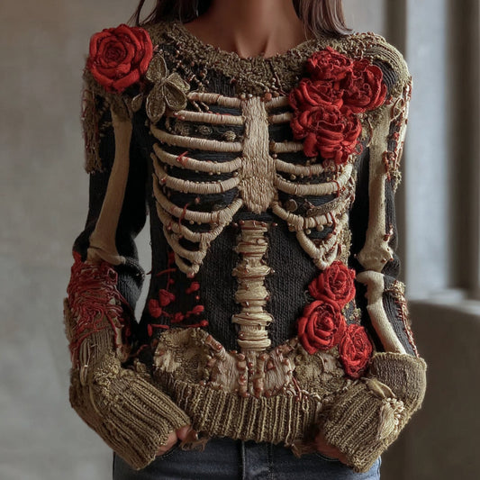 Women's Vintage Skeleton Red Rose Art Knit Pullover Sweater artswardrobe