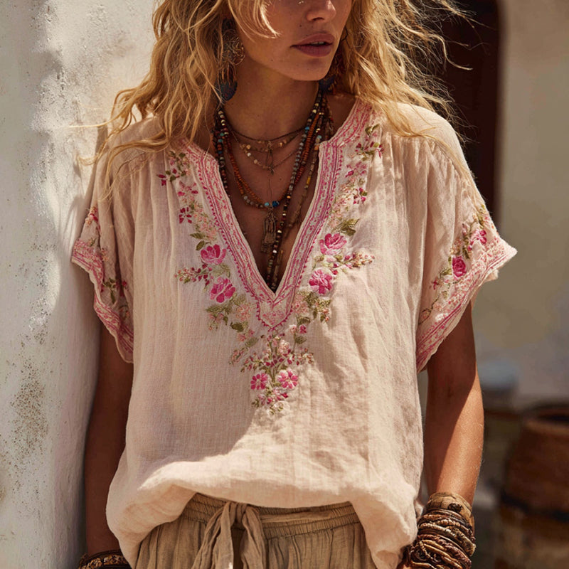 Comstylish Women's Floral Embroidery Art V Neck Linen Blend Shirt