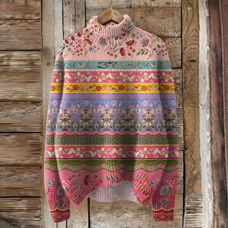 Tribal Lovely Floral Art Print Knit Turtleneck Pullover Sweater elevenforest