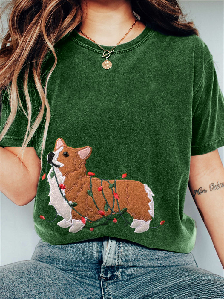 Comstylish Funny Christmas Corgi Dog Embroidered Washed T Shirt