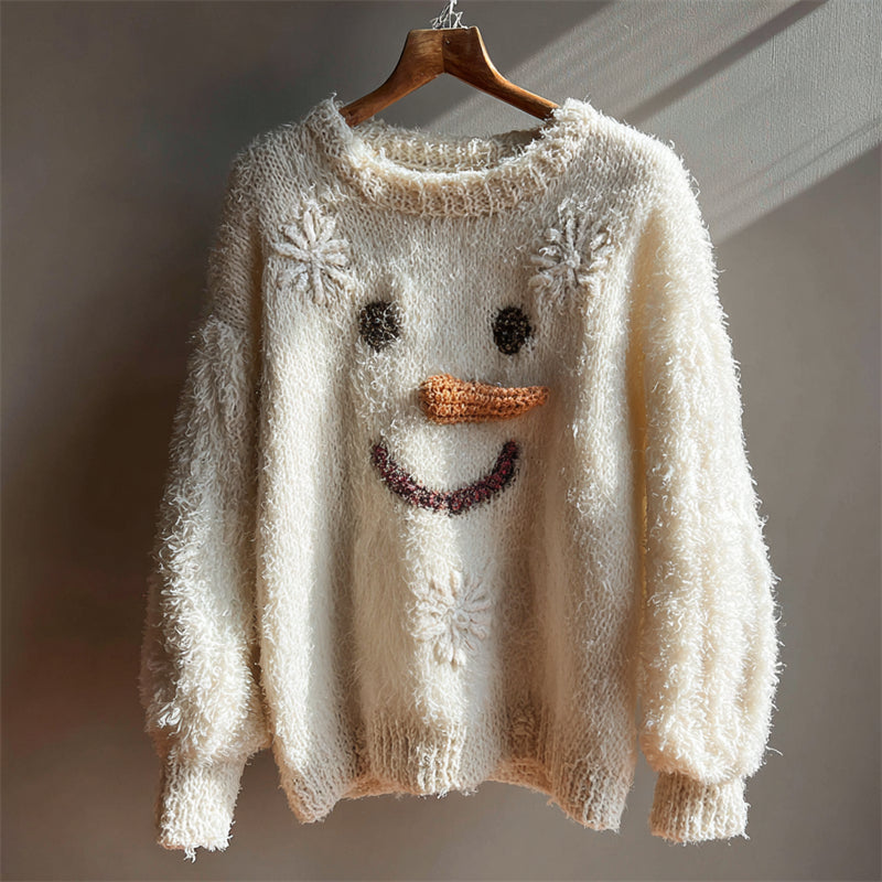 Lovely Snowman Face & Snowflakes Cozy Knit Sweater artswardrobe