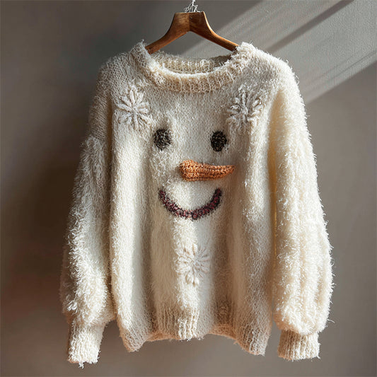 Lovely Snowman Face & Snowflakes Cozy Knit Sweater artswardrobe