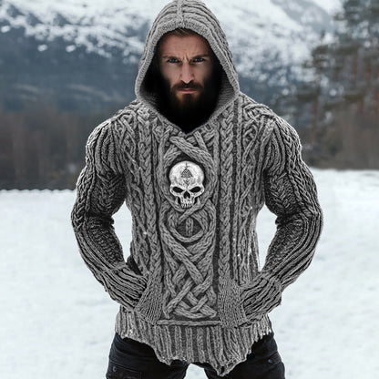 Men's Viking Tribal Skull Rune Celtic Inspired Knit Hooded Sweater elevenforest