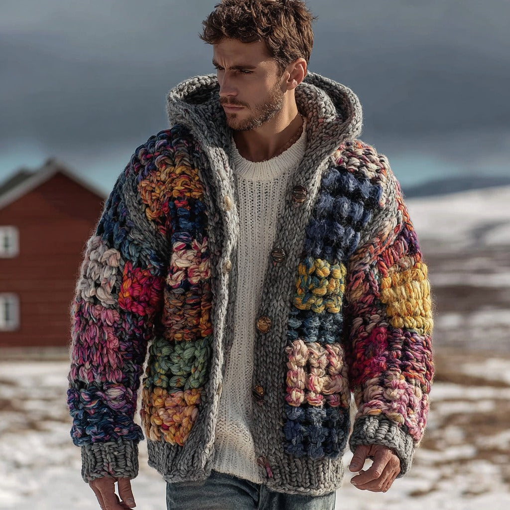 Men's Colorful Geometric Knitted Warm Button Hooded Sweater artswardrobe