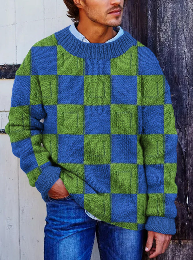 Vegan Mock Minimalist Knit Pullover Sustainable Plaid Patchwork Warmth Knitted Jacquard Unisex Sweater elevenforest