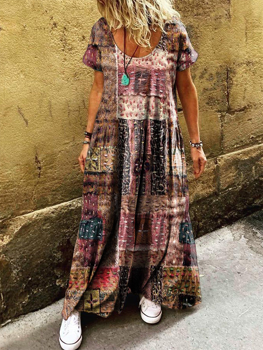 Women's Vintage Patchwork Art Print Pocket Short Sleeve Cotton Dress
