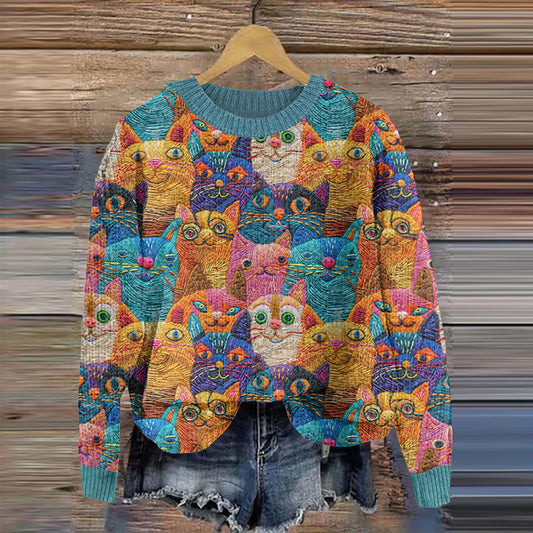 Embroidery Cat Pattern Cozy Knit Sweater elevenforest