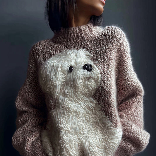 Cute White Dog Embroidered Crew Neck Cozy Sweater artswardrobe