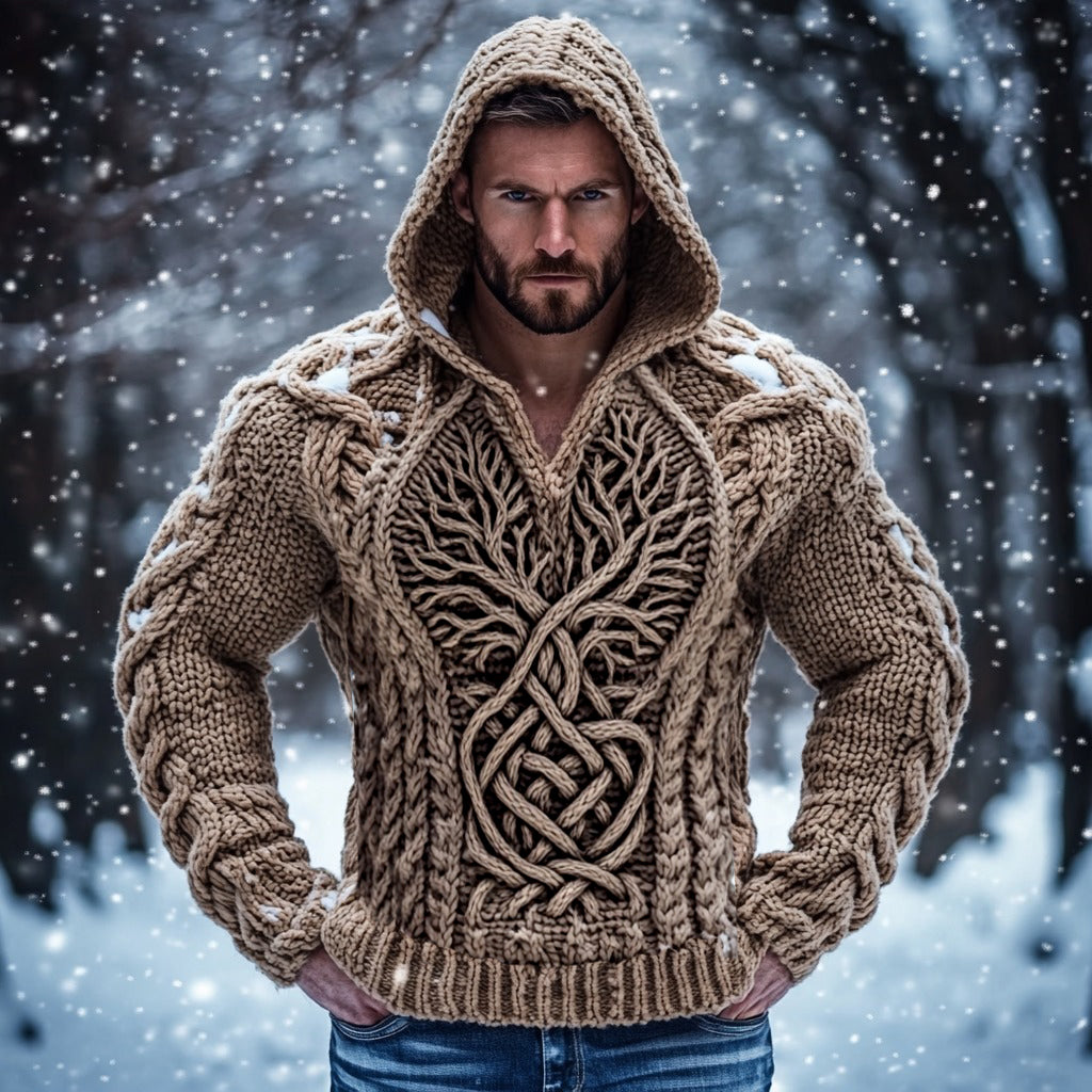 Men's Viking Tribal Tree Of Life Celtic Chunky Cozy Knit Hooded Sweater artswardrobe