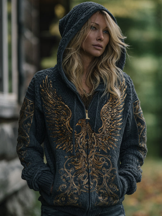 Women's Viking-style Phoenix Embroidery Vintage Hooded Cardigan Sweater artswardrobe