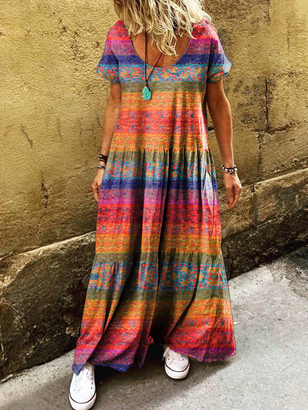 Women's Vintage Floral Patchwork Art Print Pocket Short Sleeve Cotton