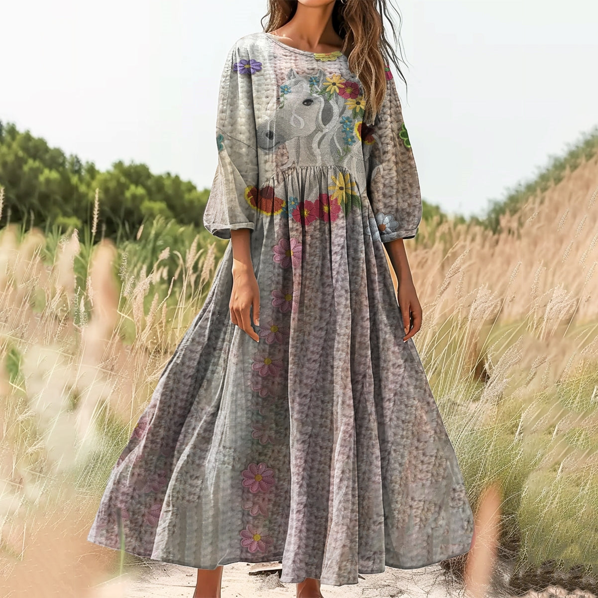 Women's Floral Horse Pattern Art Print Cotton Round Neck Dress