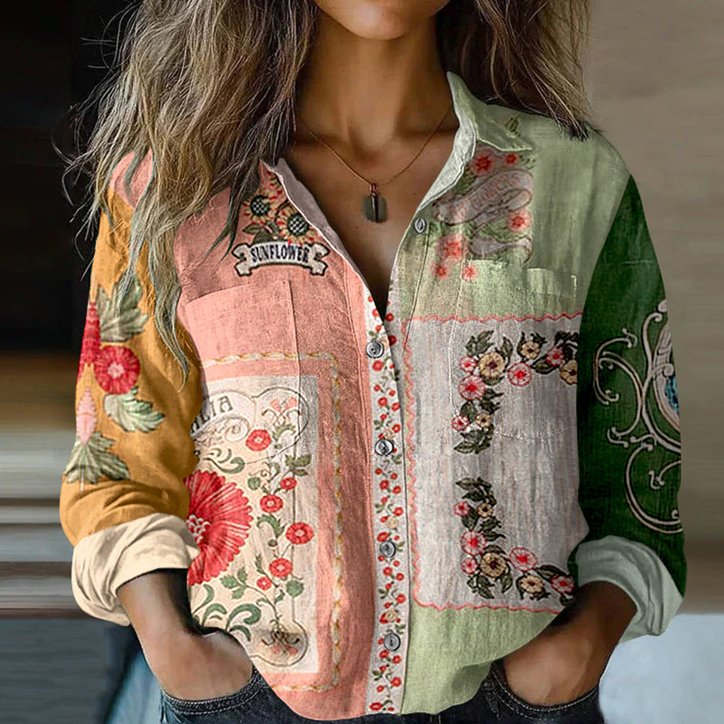 Comstylish Women's Floral Art Flower Pattern Button Down Shirt