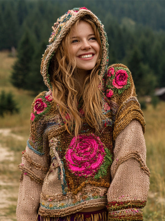 Boho Vintage Floral Embroidery Women's Knit Hooded Sweater elevenforest