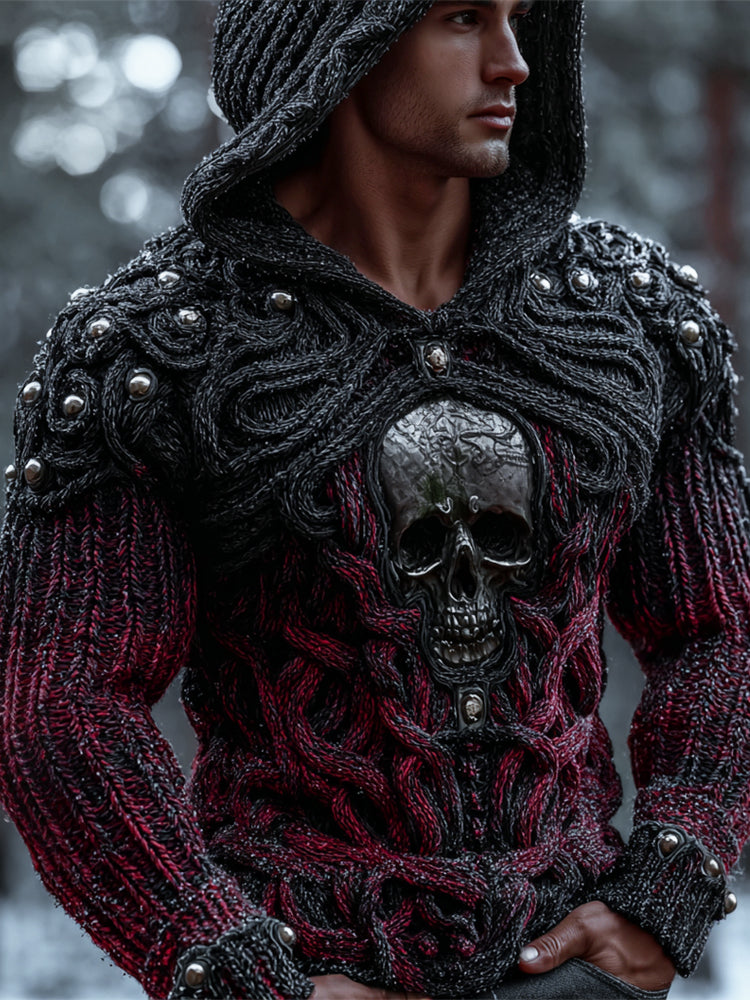 Rock And Roll Studded Metal Skull Art Men's Chunky Knit Hooded Sweater artswardrobe