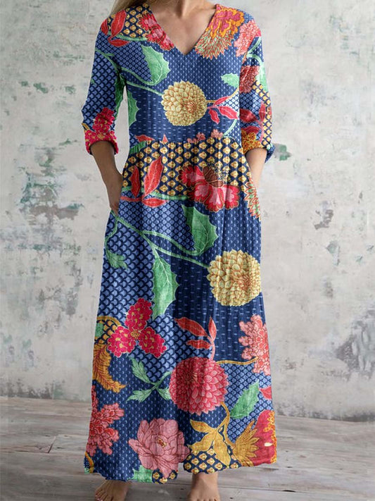 Women's Elegant Vintage Floral Pattern Cotton and Linen Dress with Poc