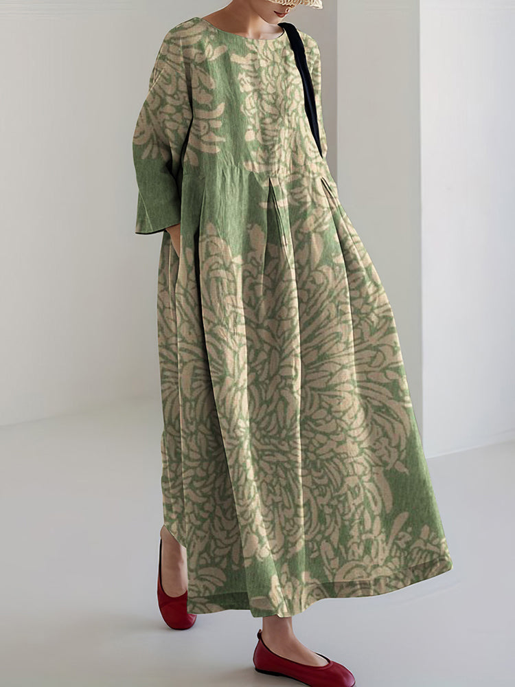 Japanese Art Chrysanthemum Print Loose Midi Dress