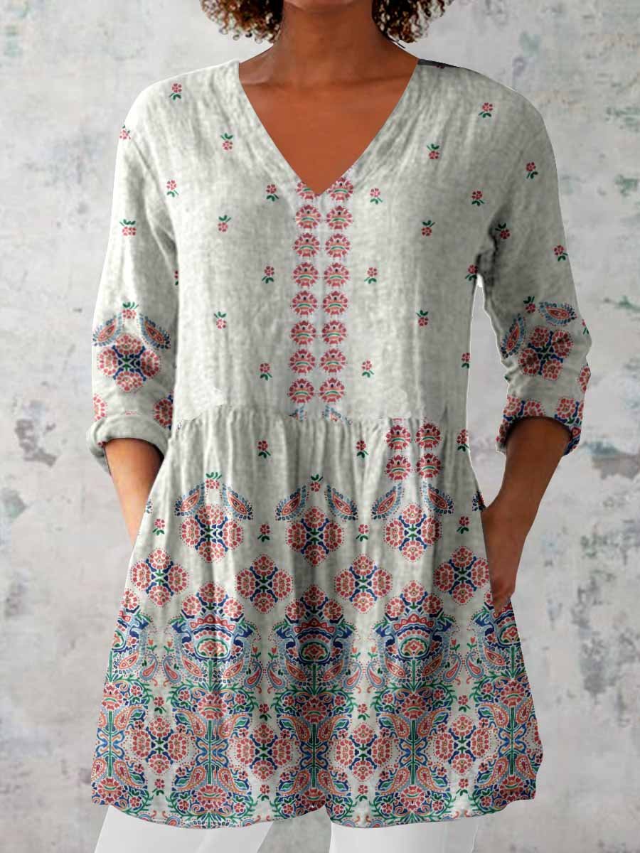 Women's Elegant Geometric Pattern Round Neck Cotton and Linen Top