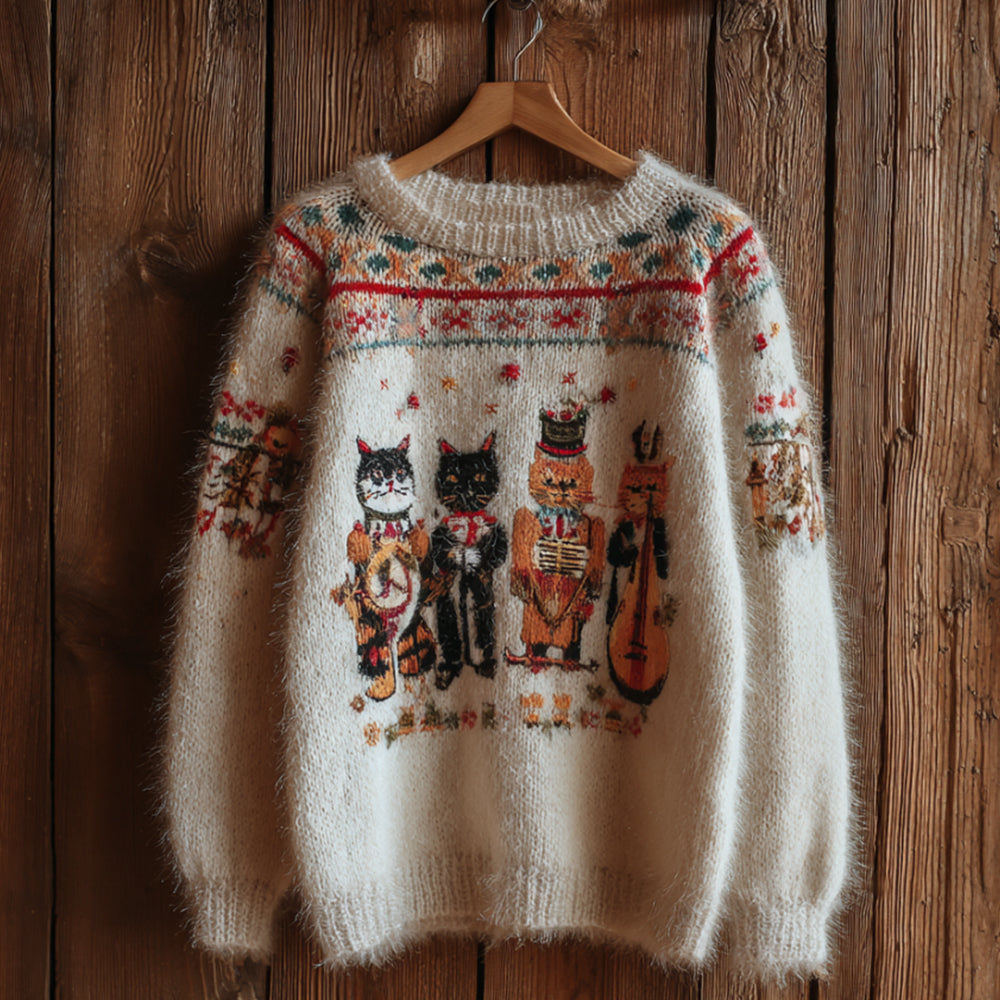Comstylish Cat Cat Musician Flannel Polo Neck Sweater
