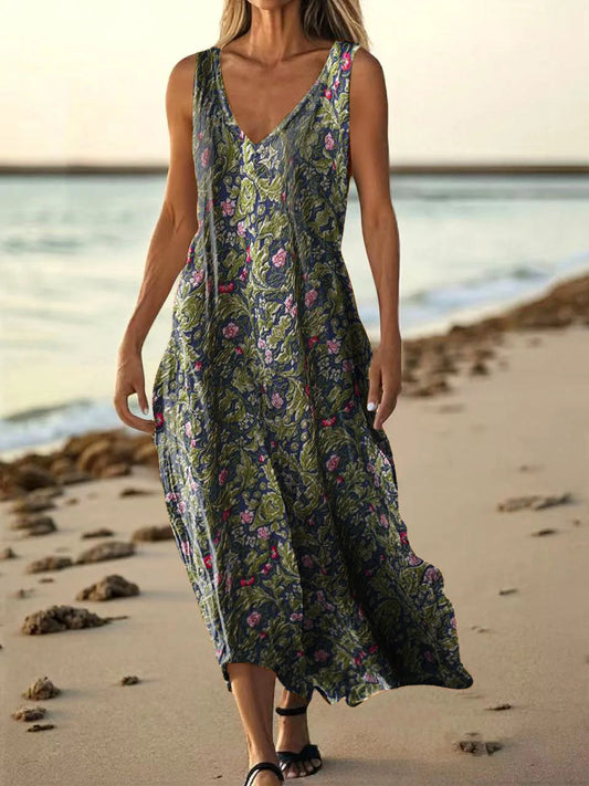 Women's Vintage Ethnic Floral Art Print Pocket Cotton Dress