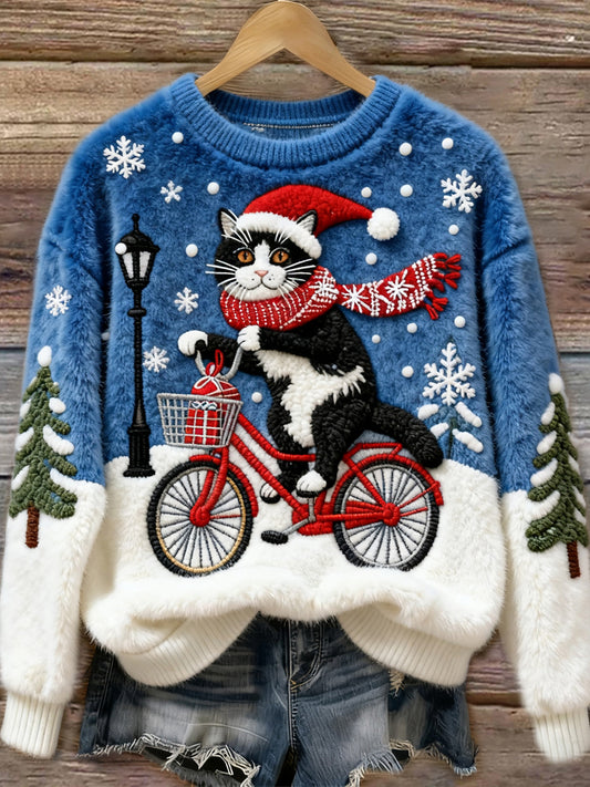 Christmas Bicycle Cat Women's Cozy Plush Sweater