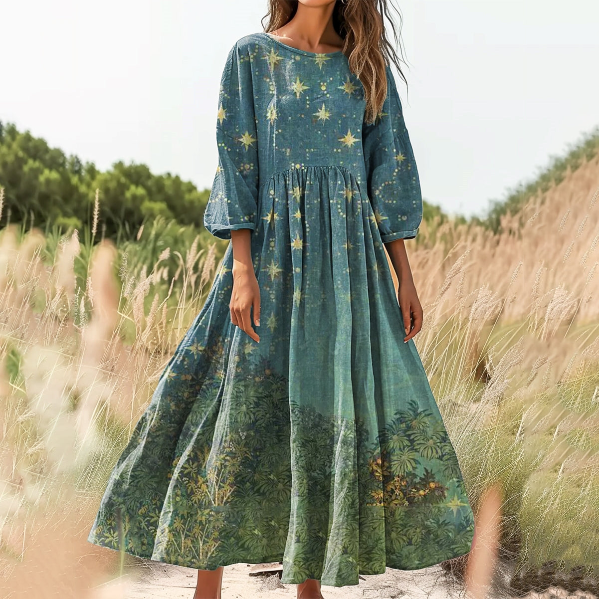 Women's Starry Woods Pattern Art Print Cotton Crew Neck Dress