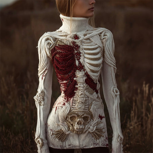 Halloween Bloody Skeleton Anatomy Beaded Cozy Knit Turtleneck Sweater artswardrobe