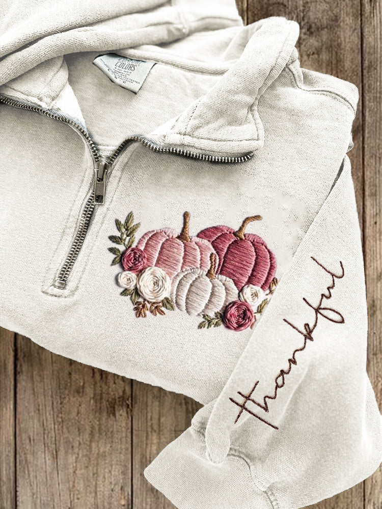 Thankful Pink Pumpkins Floral Embroidered Zip Up Sweatshirt artswardrobe